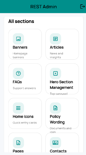 All admin sections grid — Banners, Articles, FAQs, Hero Section, Home Icons, Policy Wording, Pages, Contacts