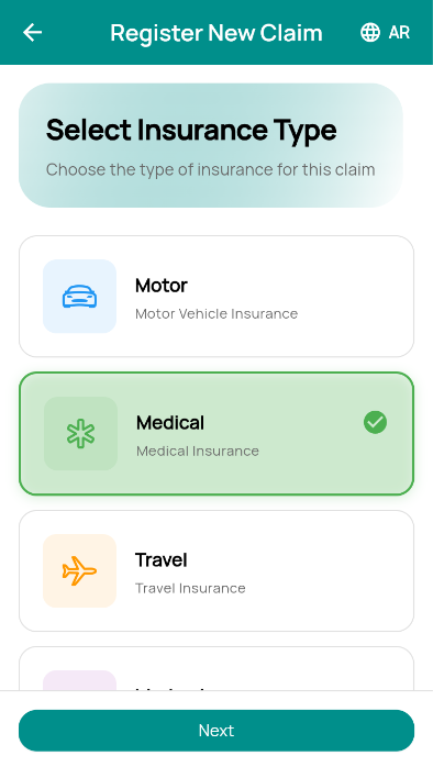 Select insurance type for the new claim