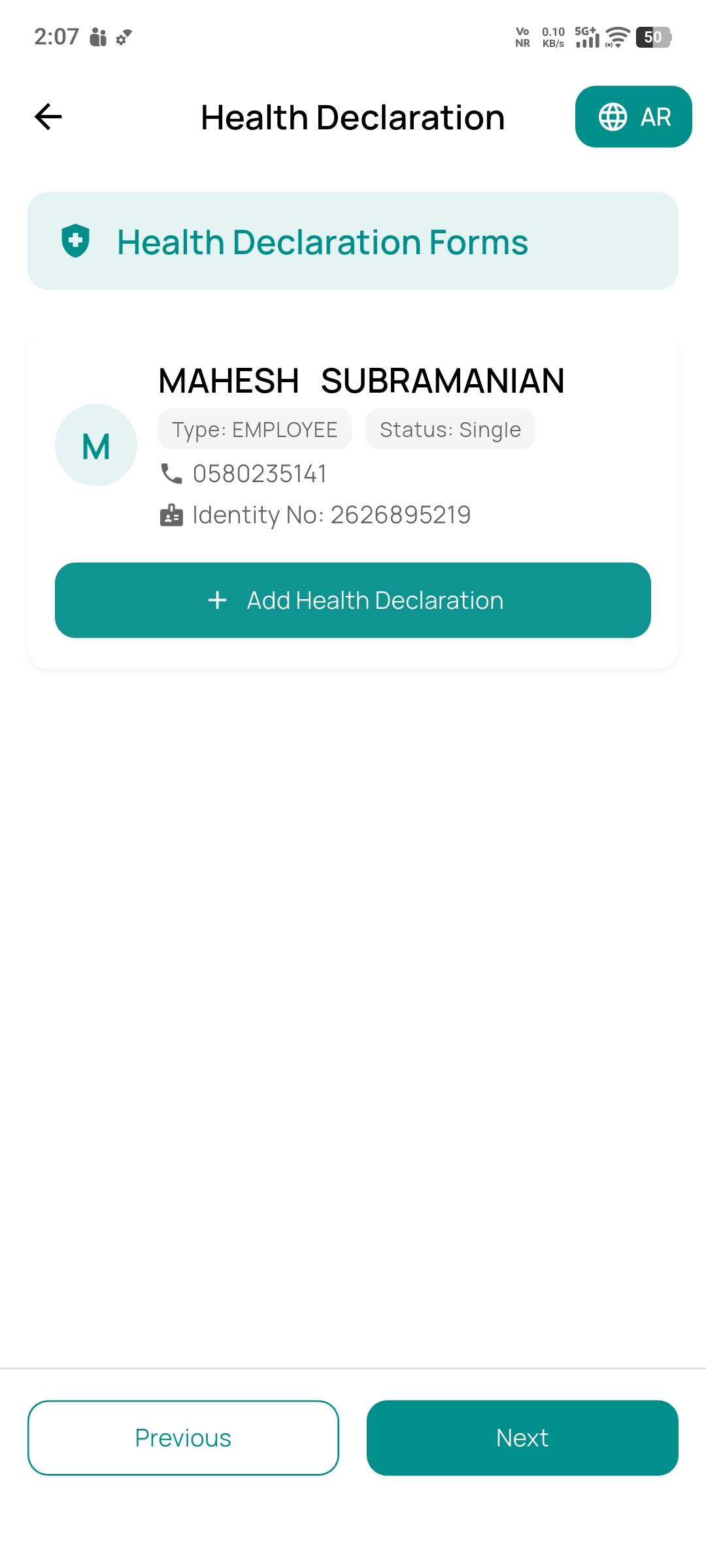 Health declaration forms list per member
