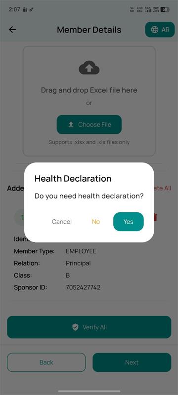 Health declaration prompt