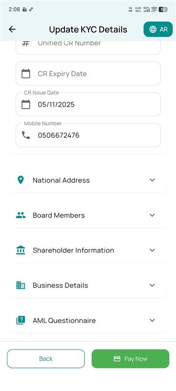 Update KYC details with AML questionnaire and pay now